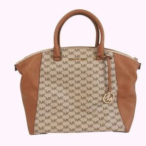 Michael Kors Brown and Cream Riley Monogram Satchel